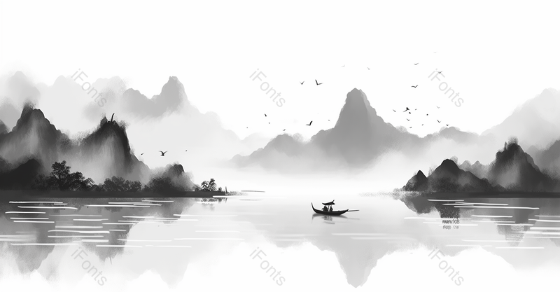 中国风质感山水平静的湖泊飞鸟飞过船只黑白水墨风格画艺术背景插画,插画/手绘图,插画/手绘图库,插画/手绘图下载,插画/手绘
